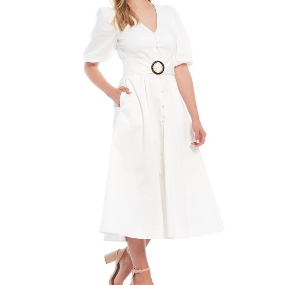 Ted Baker White Button Through Puff Sleeve Belted Full Skirt Midi Dress 10 L 4